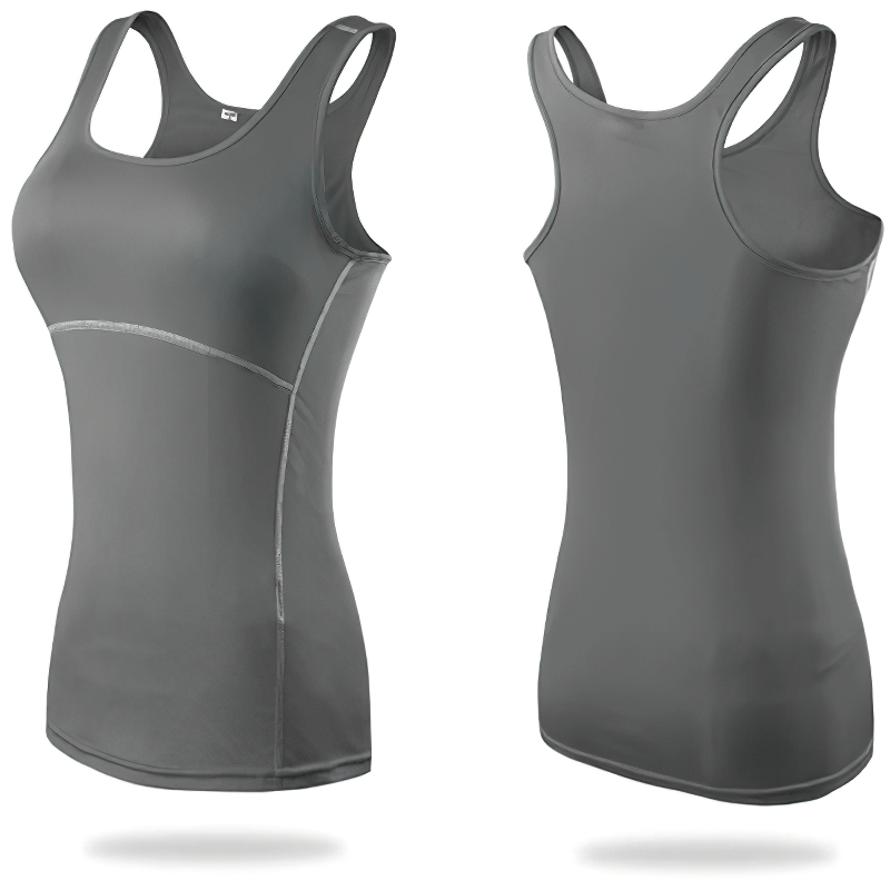 Female slim tank top in gray with racerback, perfect for yoga or gym workouts, made of breathable, quick-dry fabric. Model SF0083.